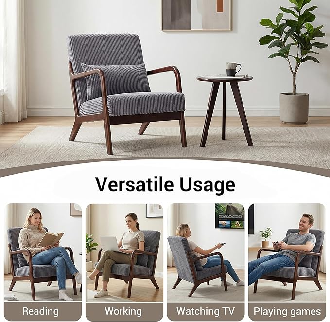 Accent Chair with Side Table Comfy Arm Chair with Solid Wood Frame Upholstered Mid-Century Modern Chair for Living Room Bedroom Waiting Room Dark Grey