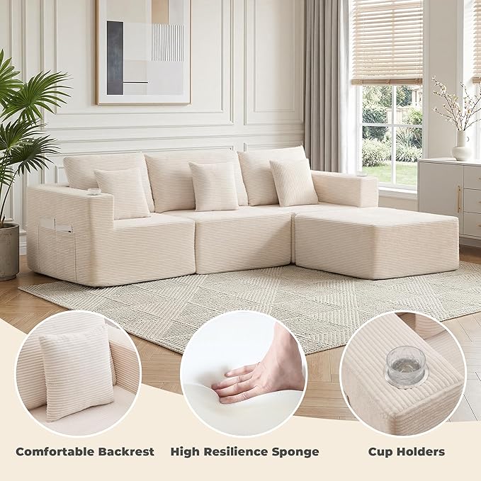 WELAX 104 Modular Sectional Couches for Living Room Boneless Couch L-Shape with Cup Holders &amp Pillows Modern Corduroy Cloud Sofa 4 Seater Home Comfy Sofas for Bedroom Beige
