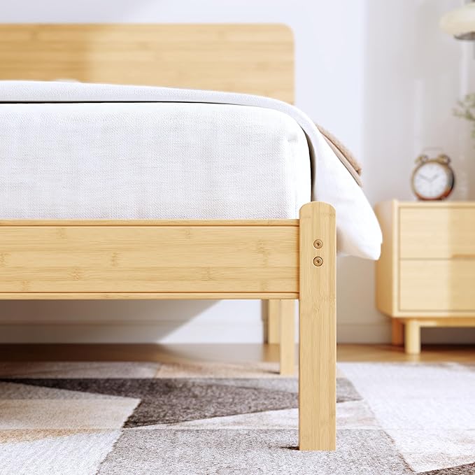 14in High Solid Bamboo Wood Platform Twin Size Bed Frame with Headboard Reinforced Heavy Duty Metal Slats Noise Free No Box Spring Needed Easy Assembly