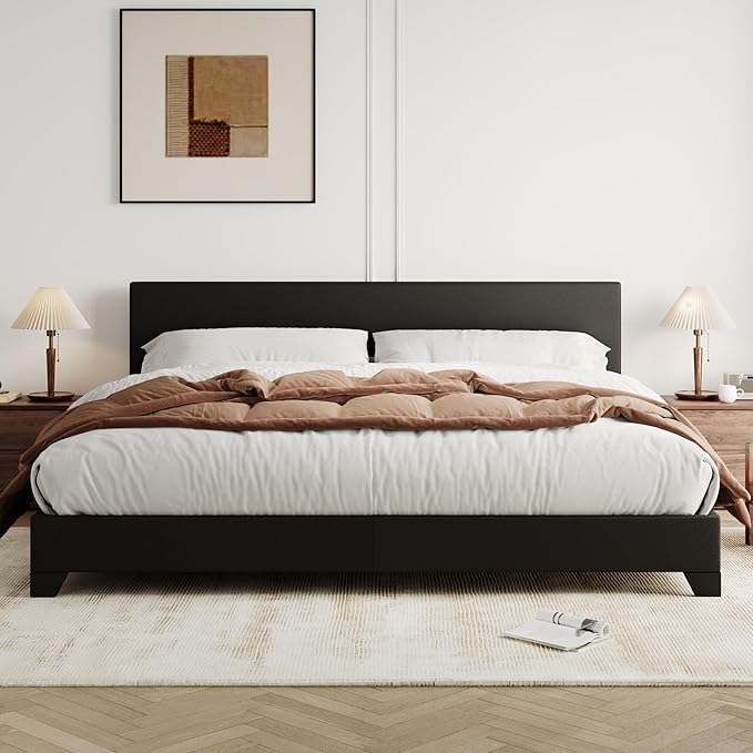 Allewie King Size Bed Frame with Adjustable Headboard Faux Leather Platform Bed with Wood Slats Heavy Duty Mattress Foundation No Box Spring Needed Noise-Free Easy Assembly Black