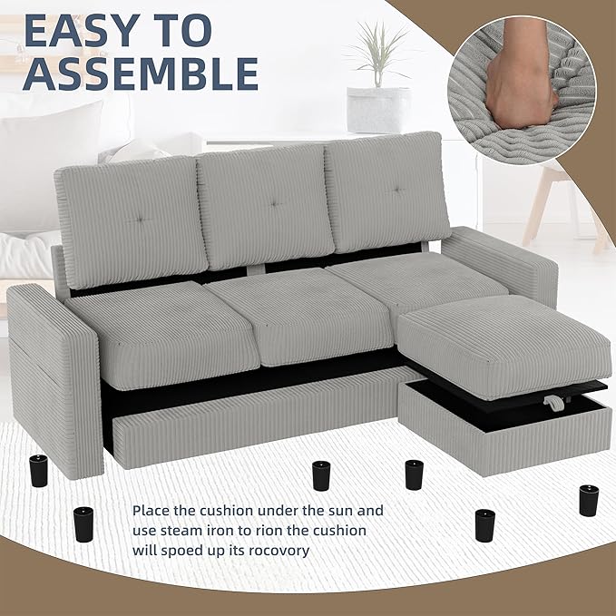 JAMFLY Convertible Sectional Couches for Living Room L-Shaped Couch 3 Seat Sectional Sofa Set with Corduroy Fabric and Movable Ottoman Small Couch for Apartments Office(Light Grey)