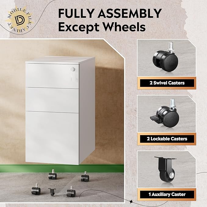 DEVAISE 3 Drawer Vertical File Cabinet with Lock Under Desk Mobile Metal Filing Cabinet for Home Office Fit Legal/Letter/A4 File Fully Assembled Except Wheels White