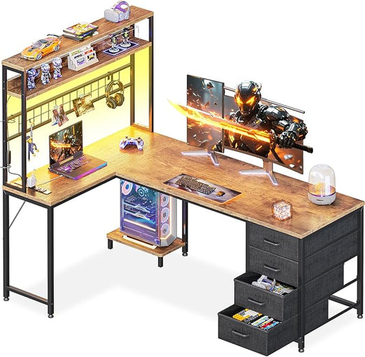 AODK L Shaped Gaming Desk with Hutch 59 Computer Desk with 4 Drawers &amp Storage Shelves Reversible Corner Desk with LED Light &amp Power Outlets Gamer Table for for Home Office Vintage