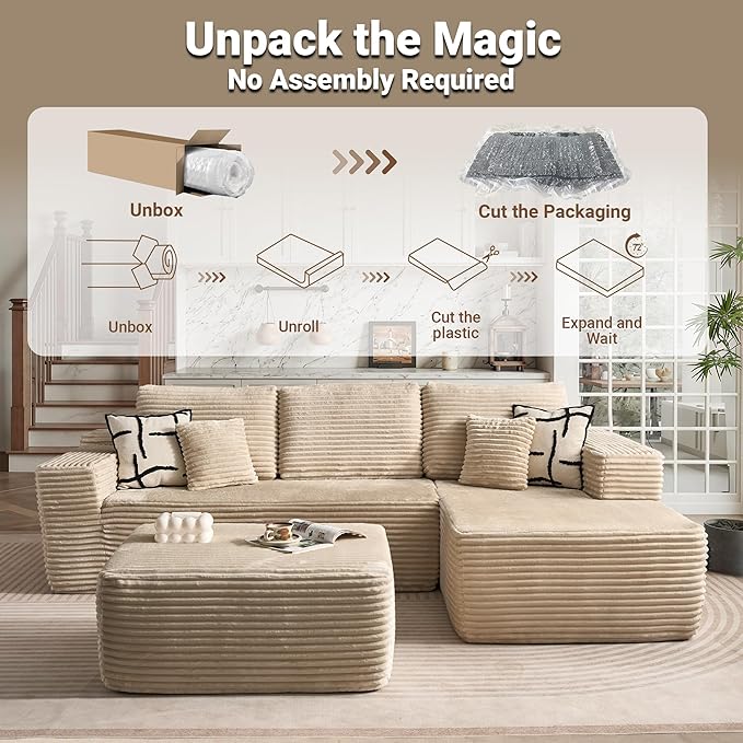 106 Cloud Sectional Couch with Comfy Chaise and OttomanPlush Corduroy Boneless Couches for Living RoomU Shaped Sofa in A Box No Assembly RequireBeige
