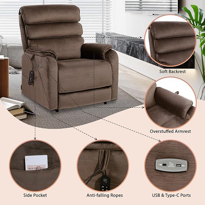 EONIX Large Lay Flat Power Lift Recliner Chair for Elderly Oversized Electric Lift Chairs 400lbs Heavy Duty Power Recliner with Heat and Massage SLRY022063 Chenille Brown