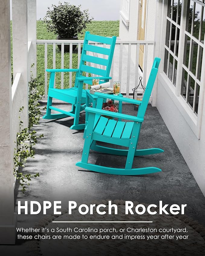 GREENVINES Outdoor-Rocking-Chair | HDPE Plastic | Patio Rockers | Porch Rocker Chairs | Shaker | Oversized | High Ladder Back | Big &amp Tall | PentaLuxe |Aqua
