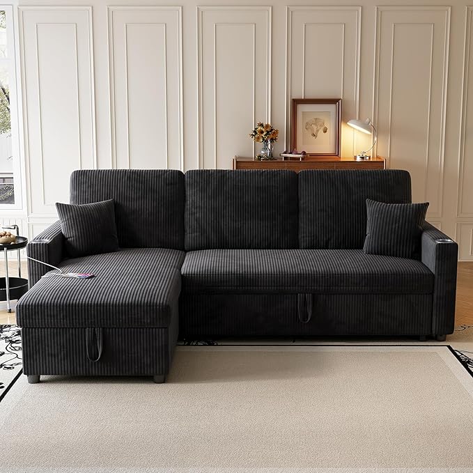 Sleeper Sectional Sofa 83 Convertible Sofa Bed with Pull Out Couches Small Desktop L Shaped Couch with Reversible Chaise Cup Holders USB Modern Corduroy Sofas for Living Room Apartment Black