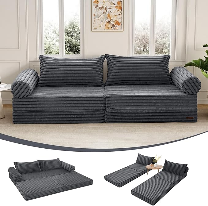 MeMoreCool Convertible Sofa Bed Folding Floor Couch Bed Queen Pull Out Sleeper Couch with Pillows Fold Out Futon Sofa for Bedroom Living Room Small Space Corduroy Grey