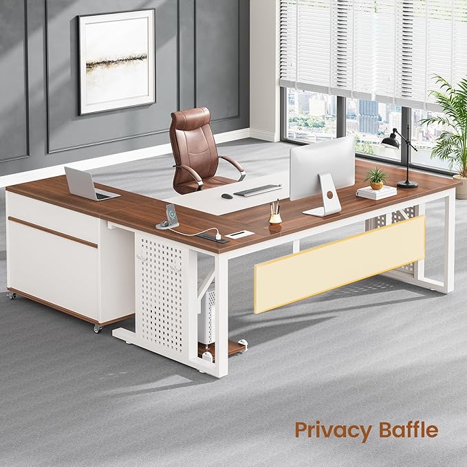 SEDETA 71 Executive Desk with Rolling File Cabinet Large Office Desk with Drawers L Shaped Computer Desk with Power Outlets CPU Stand Pegboard and Storage Shelves White