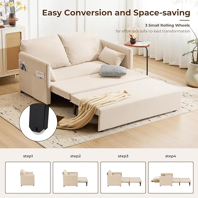 Furnimart 62 Queen Sleeper Sofa 3 in 1 Convertible Loveseat Sleeper Pull Out Sofa Bed with 6-Position Adjustable Backrest Modern Futon Couch for Living Room Apartment RV Linen Beige
