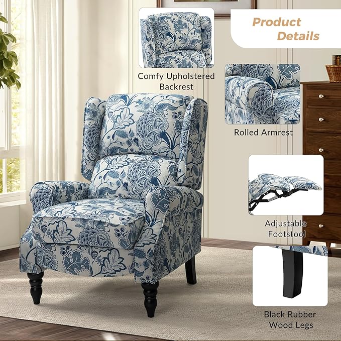 HULALA HOME Upholstered Wingback Recliner Chair Set of 2 Small Adjustable Footrest Push Back Single Reclining Sofa Mid Century Modern Lounge Armchair for Living Room Bedroom Reading/Jacobean