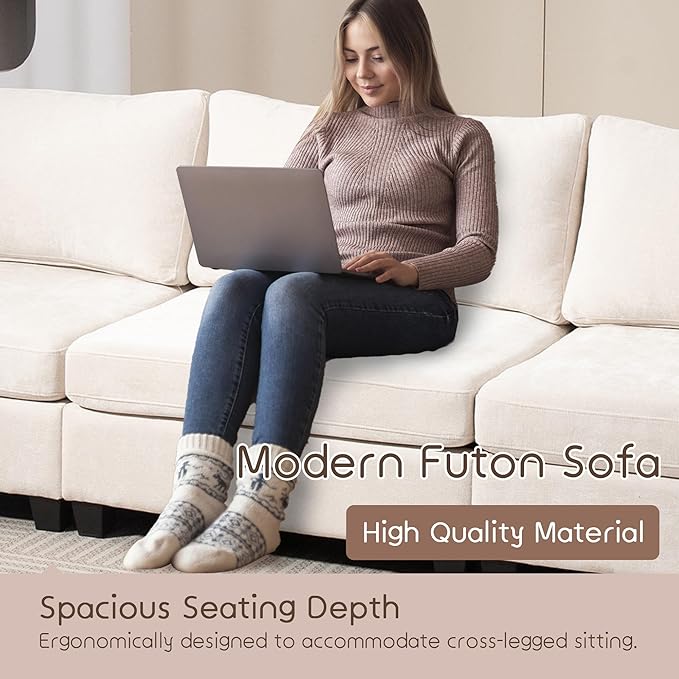111 Sofas for Living Room 3 Seater Couch with 2 Pillows Modern Comfy Chenille Couches with Storage Bag Deep Seat Sofa for Apartment Small Space Beige
