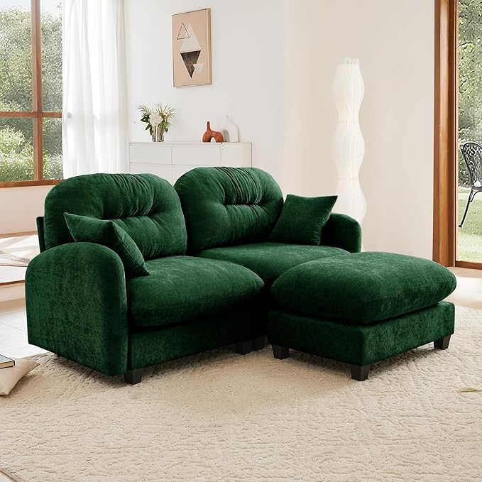 JULYFOX Loveseat Sofa and Ottoman Set 74 inch Wide Corner Sectional Couch L Shaped Chenille Fabric Sofa for Small Spaces(Green Loveseat and 1 Piece of Ottoman)