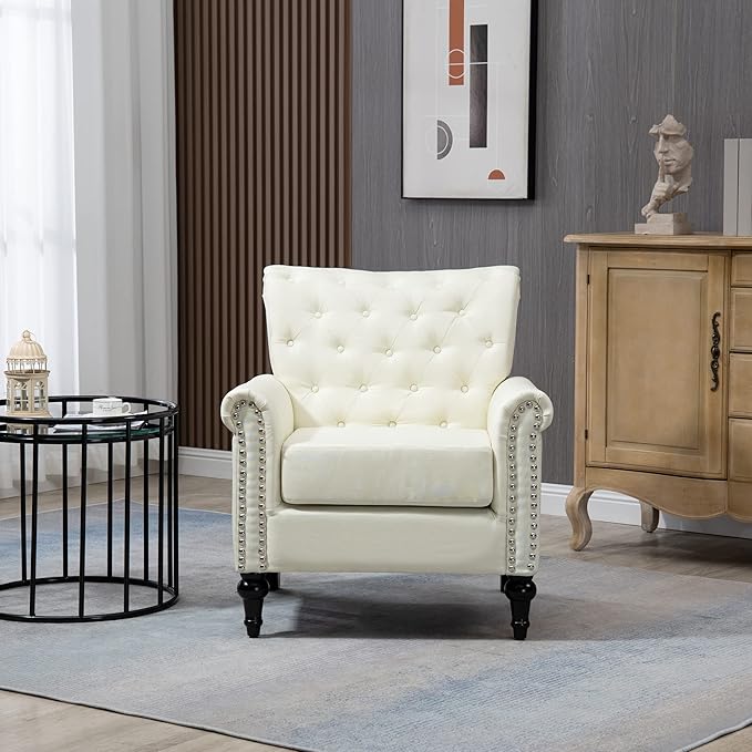 Generic Mid Century Modern Accent Chair Linen Armchair wTufted BackWood Legs Upholstered Lounge Arm Chair Single Sofa for Living Room Bedroom Beige