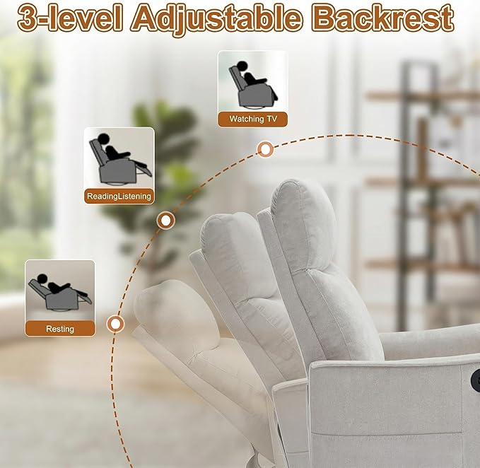 Manual 360° Swivel Rocker Recliner Chair for Adults Overstuffed Glider Chair for Nursery with Vibration Massage and Heat Comfy Soft Fabric Glider with Side Pockets for Living Room Beige