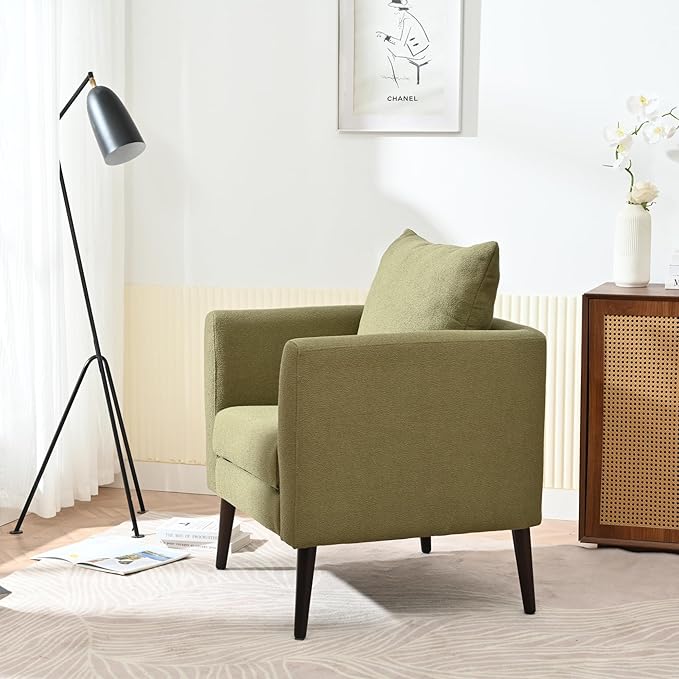 Modern Accent Chair for Living Room Chairs Comfortable Lumbar Support Armchair Removable Cushion Covers Single Sofa Chair with Solid Wood Legs Bedroom Reading Chair Olive Green