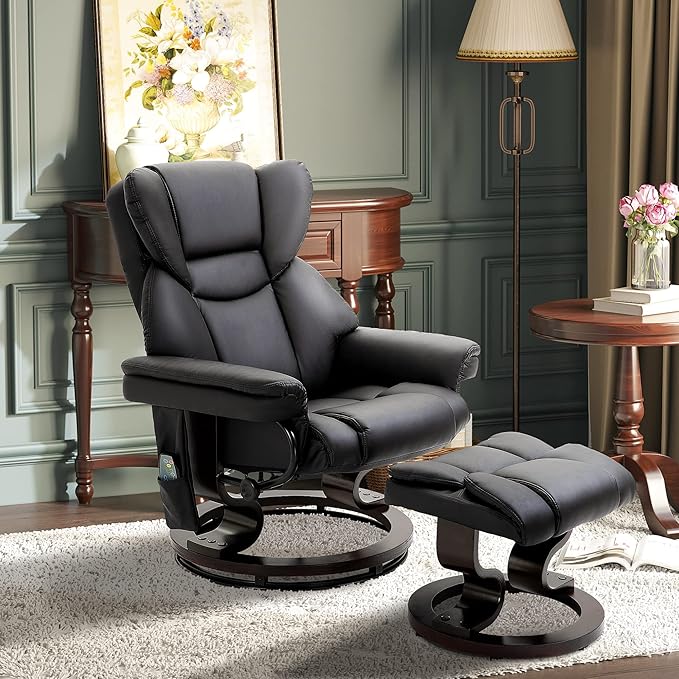 Massage Recliner Chair with Ottoman 10 Vibration Massage Points 360° Swivel Black Faux Leather Living Room Chair