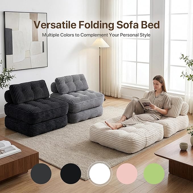 Boneless Chair Folding Sofa Bed with Pillow Sleeper Sofa with Back Support Sleeper Chair Portable Fold Out Chair Bed Comfy Foldable Mattress for Living Room Beige Single