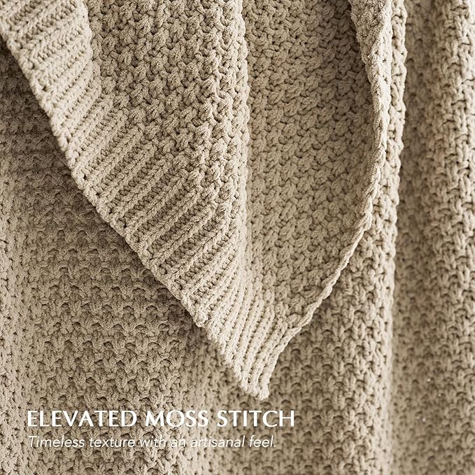EVERGRACEHOME Chunky Chenille Knit Throw Blanket for Couch Soft Luxurious Moss Stitch Blankets for Bed Cozy Decorative Farmhouse Knitted Throws for Sofa Sand Dune 50 x 60
