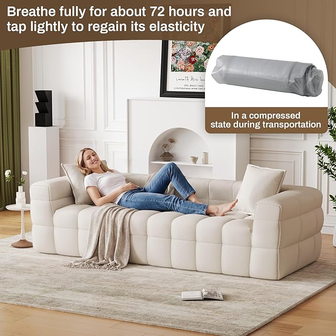 2 Piece Cloud Sofas Set Comfy Tufted Deep Seat 2 Seater Loveseat &amp 3 Seater Couch Sets Modern Chenille Compression Bubble Sofa for Living Room No Assembly Required Beige White