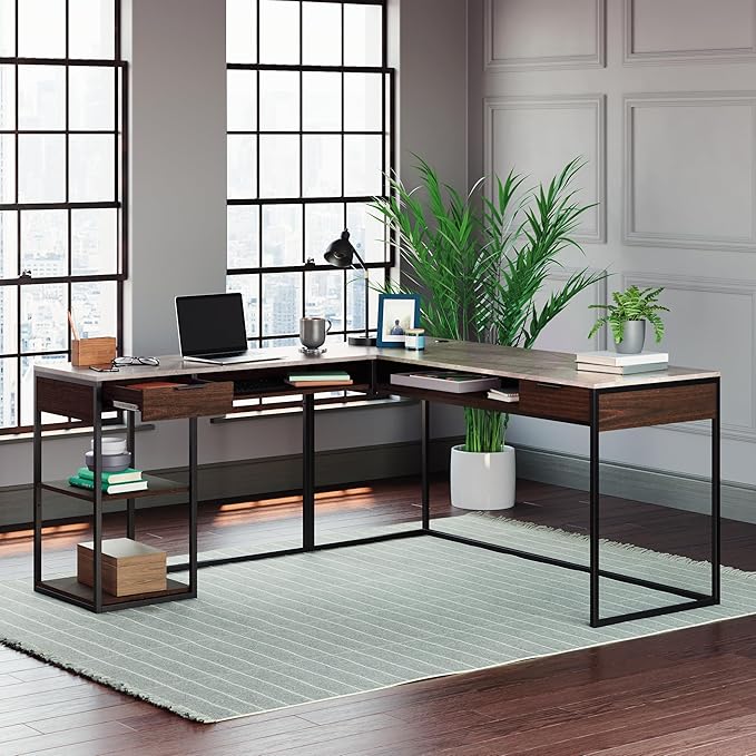 Sauder International Lux Modern L-Shaped Desk Umber Wood Finish
