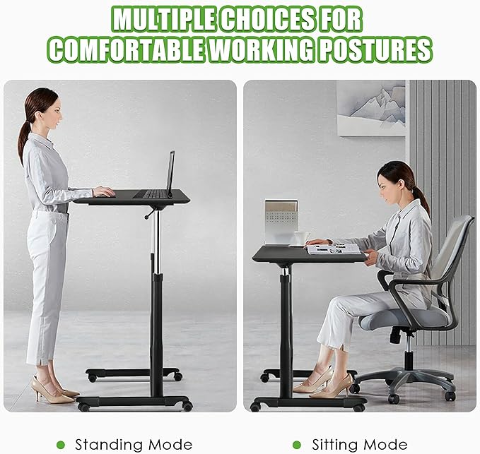 DORTALA Ergonomic Sit Stand Desk Pneumatic Height Adjustable Desk on Wheels Mobile Bedside Computer Desk w/Lockable Casters Sturdy Steel Frame for Living Room Bedroom Office Black