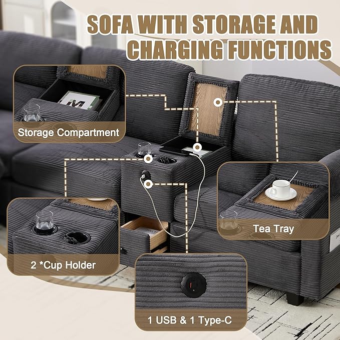 KEIKI 105 L-Shaped Oversized Corduroy Modular Sectional Sofa with 1 Ottoman and Multi Functional Console 4-Seater Upholstered Couch with USB and 2 Cup Holder Easy Assembly for Living Room Gray