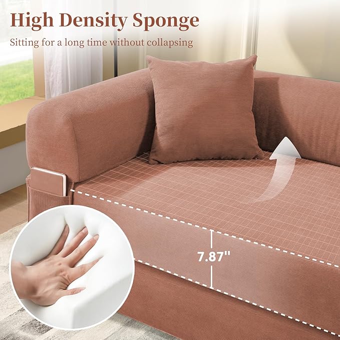 KBQ 3-Seat Convertible Sleeper Sofa Bed with 2 Pillows Corduroy Folding Mattress Couch Floor Sofa Lounge Couch for Living Room Bedroom Lounge Studio Pink