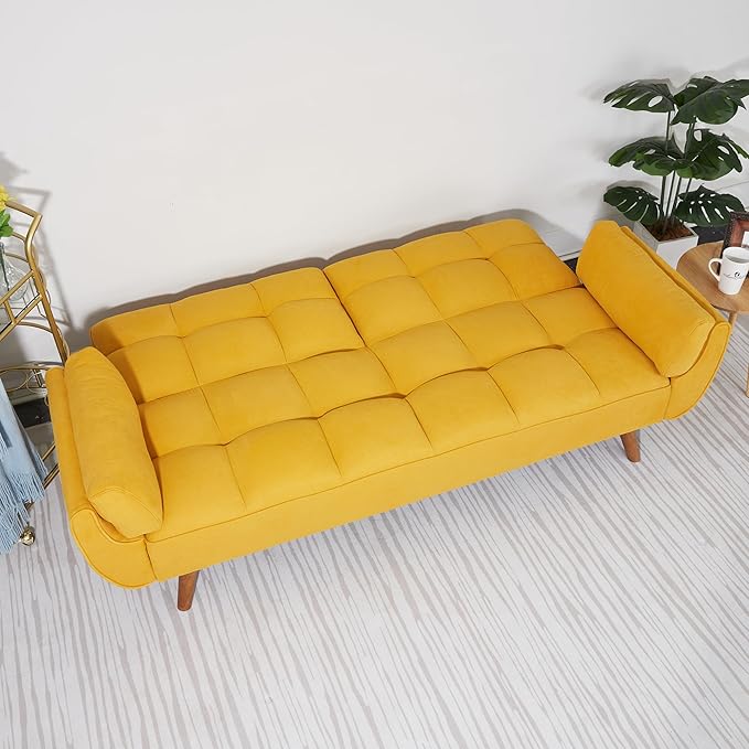 ERYE Modern Convertible Tufted Futon Sofa Bed Split Adjustable Backrest Loveseat Sofabed W/Removable Padded Armrests and Wood Legs for Living Space/Guest Room