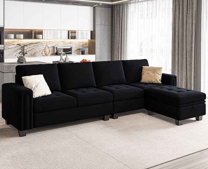 Belffin Velvet Reversible Sectional Sofa with Chaise Convertible L Shaped 4-seat Sectional Couch with Storage Ottoman Black