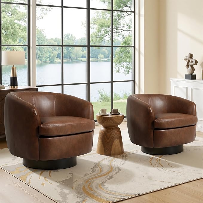 UIXE PU Leather Swivel Barrel Accent Chair Comfy Round Upholstered Armchair Reading Chair for Living Room Barrel Club Chairs Bedroom Brown