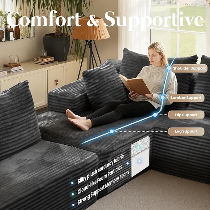 135'' Boneless Couches for Living Room Oversized V-Shaped 6-Seat Faux Fur Convertible Modular Sectional Cloud Sofa 4-in-1 Flexible Combination Deep Seat Corner Large Couch No Assembly Dark Grey
