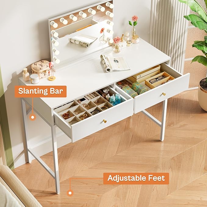 SUPERJARE 39.4 White Desk with 2 Drawers Modern Makeup Vanity Desk Small Computer Desk Home Office Desk for Writing Study Bedroom