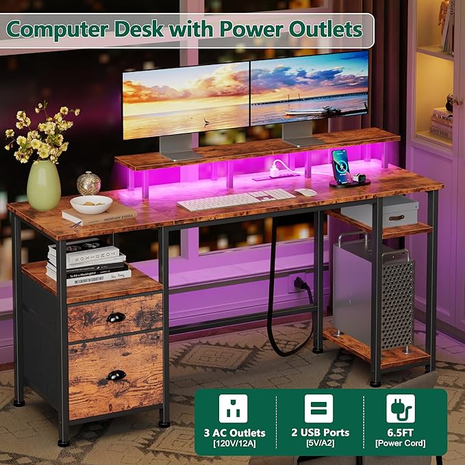 Furologee 61 Computer Desk with Power Outlet &amp LED Lights Reversible Gaming Desk with File Cabinet &amp Monitor Stand for Home Office Writing Study Table with Storage Shelves and Drawer Rusti