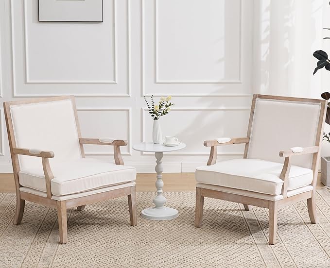 chairus Farmhouse Linen Accent Chair Set of 2 Upholstered Reading Chair with Solid Wood Frame Lounge Arm Chair with High Back for Living Room Reception Room Waiting Room Beige
