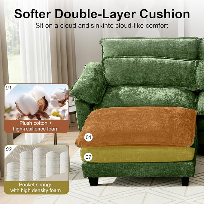 148'' Modular Sectional SofaL Shaped Couch with Movable Ottoman Comfy Cloud Sofa with Deep Seat 4 Seat Convertible Sectional Couches for Living Room with USB Charging &amp Side Pockets(Green)