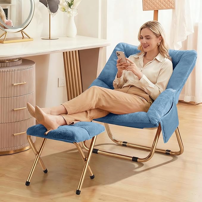 Comfy Saucer Chair Foldable Living Room Chairs Soft Faux Fur Lounge Chair for Bedroom Reading Chairs for Adults Teens X-Large (Blue)