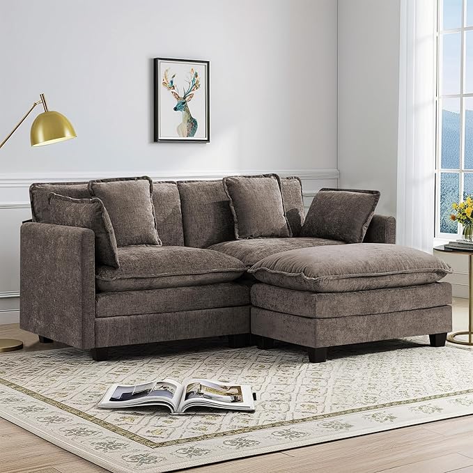 Cloud Couch Loveseat with Ottoman Oversized Comfy Modular Sectional L Shaped Sofa with Deep Seat Cushions Chenille 2-Seater Lounge Set for Living Room Brown