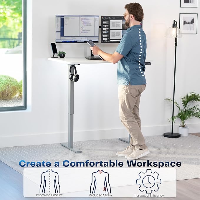 VIVO Electric 48 x 30 in Standing Desk Memory Height Adjustment 1B Series Holds 220 lbs One-Piece White Top Gray Frame DESK-KIT-1G5W