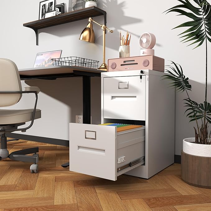 2 Drawer Metal File Cabinet with Lock Small Filing Cabinet Organizer for Home Office Under Desk Storage with Locking DrawersAssembly RequiredWhite