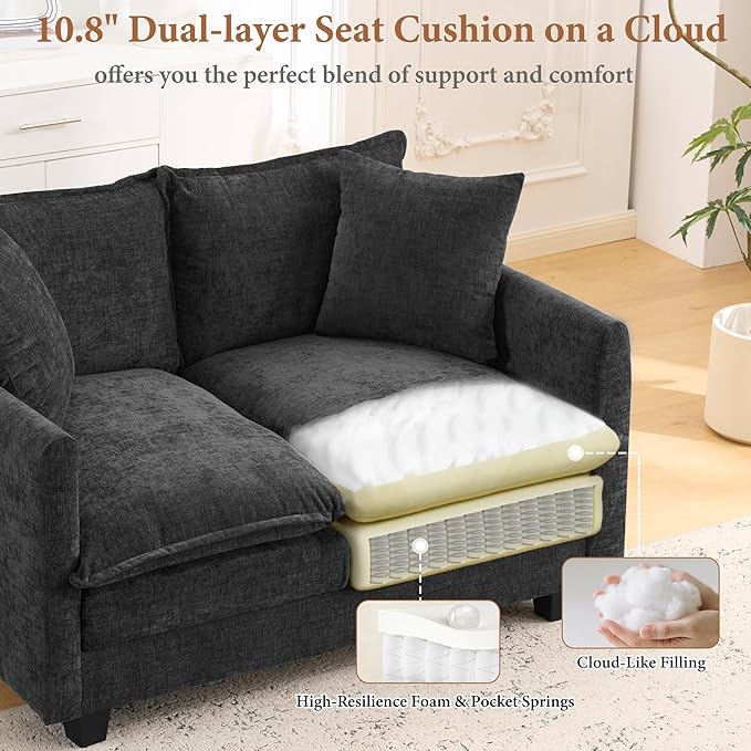 50 Loveseat Sofa with Ottoman| Chenille L Shape Love Seat Couch with 2 Pillows | 27.16 Deep Seat for Small Spaces Bedroom Dorm Apartment | Black