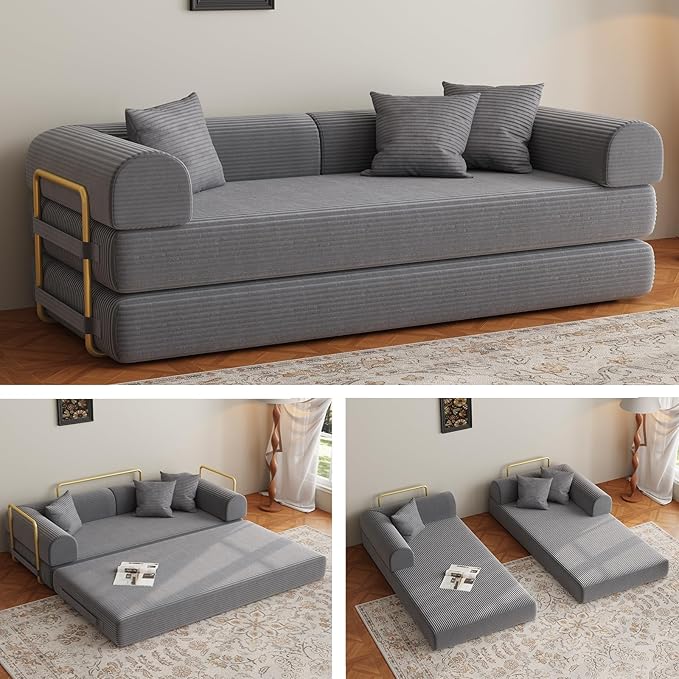 Compression Sofa 75 inch Convertible Floor Sofa Bed 2-in-1 Foldable Frameless Sofa Memory Foam Mattress Corduroy Fabric Pulls Out Couch Suitable for Living Rooms 、Apartments Grey (2 Pillows)