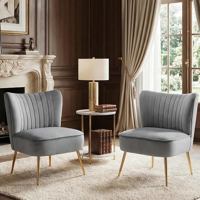 DUOMAY Modern Accent Chair Set of 2 Velvet Slipper Chair with Gold Legs Wingback Side Chair for Living Room Bedroom Entryway Small Corner Chair for Space Saving Grey