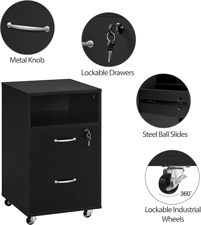 Topeakmart File Cabinet Movable Vertical Filing Cabinet with 2-Drawer and 1-Open Shelf Mobile Letter File Storage Oragnizer Lateral File Srorage on Wheels for A4/ Legal/Letter Black
