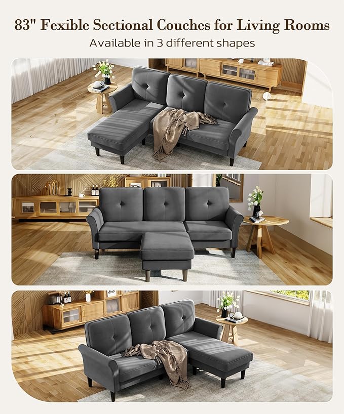83 Sectional Couch Velvet L-Shaped Couch 3 Seater Sectional Couches for Living Room Comfy Fluffy Deep Seat Loveseat Modular Sectional Sofa with Ottoman for Apartment Office Grey