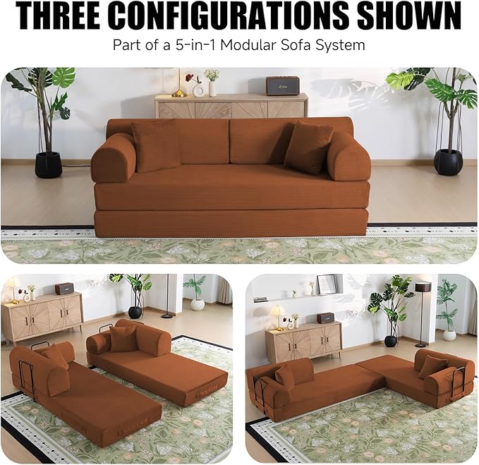 78.8 Boneless Memory Foam Couch Corduroy Convertible Floor Sofa Bed Fold-Out Sleeper Futon Loveseat Wide Armrests &amp Supportive Back 1200 lb Couch in a Box 2 Pillows Orange