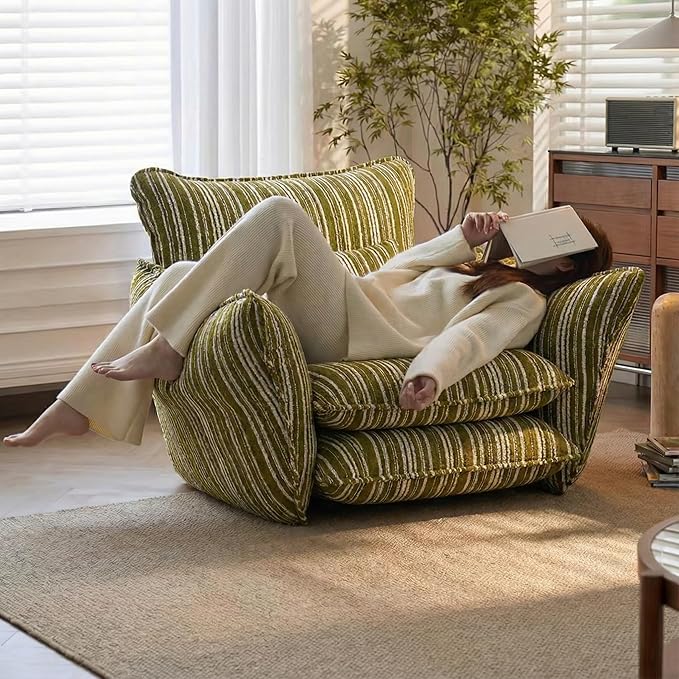 Chenille Accent Chair with Lumbar Pillow Green Stripe Wide Armrests Deep Seat 7 Inch High-Density Foam 350 lbs Capacity