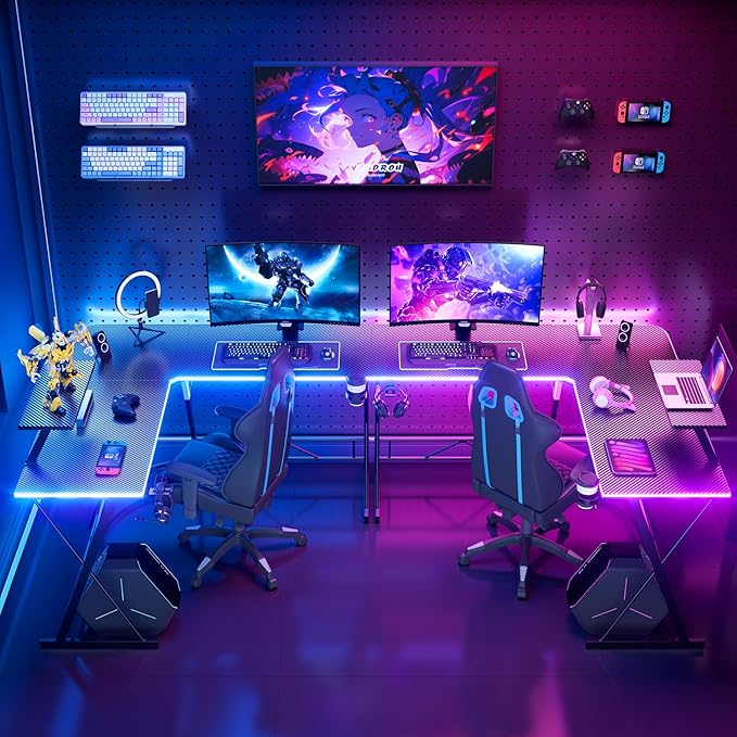 Mr IRONSTONE Gaming Desk with LED Lights L Shaped Desk Corner with Cup Holder &amp Headphone Hook Computer Desk Home Office Desks with Large Monitor Stand Carbon Fiber Surface Black 51 Inch
