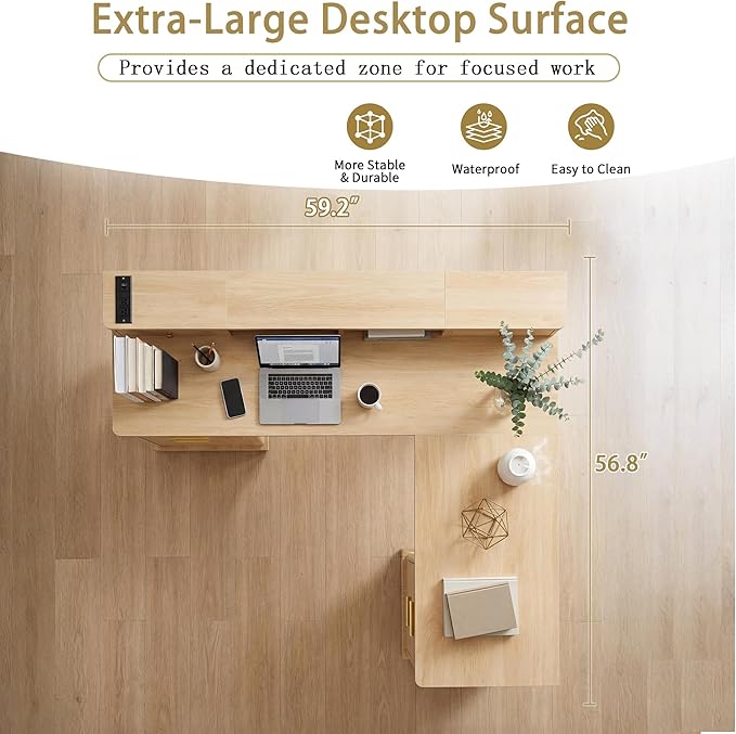 59 L-Shaped Desk with Storage File Drawers Executive Computer Gaming Home Office Desks with Charging Station Corner Work Writing Desk with Monitor Stand Removable Support Shelf (Oak)