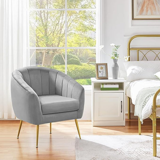 Yaheetech Modern Vanity Chair Velvet Soft Accent Chair with Gold Metal Legs Tufted Armchair Chaise Lounge for Living Room/Bedroom Gray